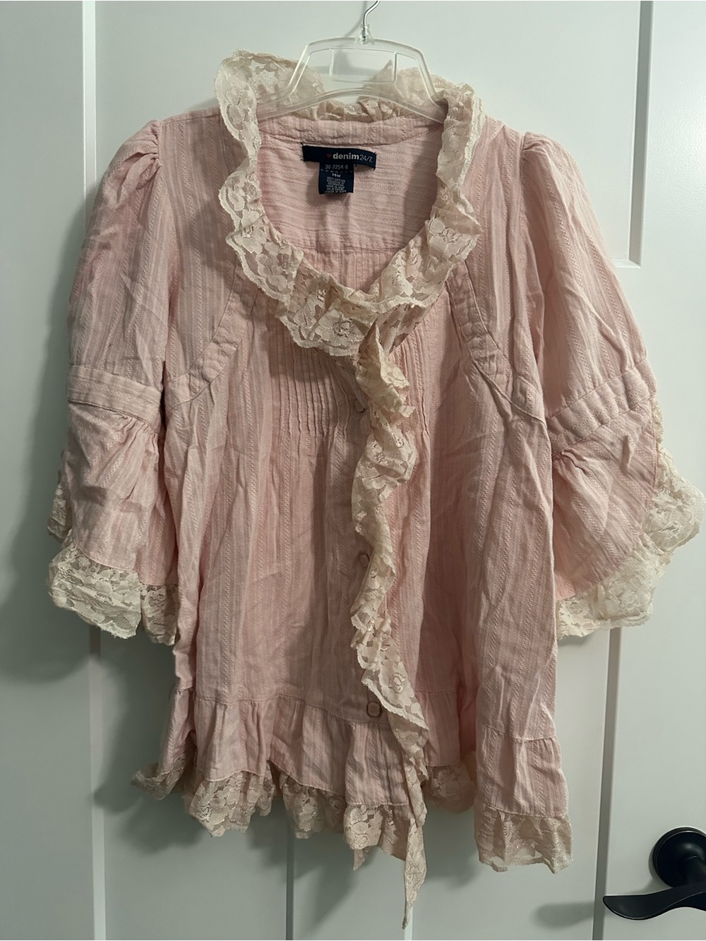 Denim 24/7 Pale Pink Lace-Trim Ruffle Blouse